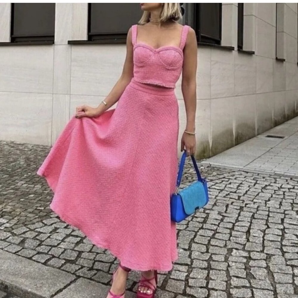 💕VDAY RARE NWT Blog Fave Zara PINK TEXTURED TWEED Skirt Barbie Barbiecore - Picture 2 of 8